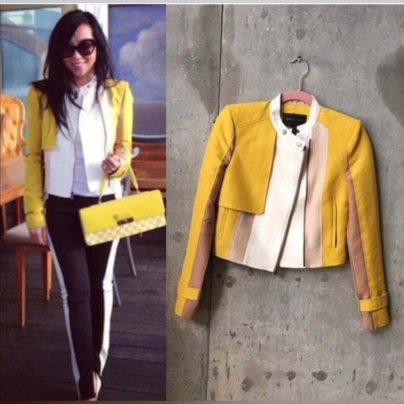 BCBGMaxAzria Jackets & Blazers - BCBG yellow and white Moto jacket size medium